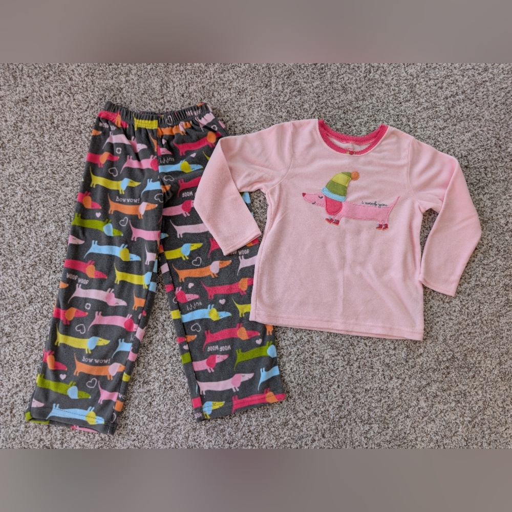 Girls Carter's Sz 5 Fleece Dachshund Dog Pajamas 2 Pc Set Pink 5T